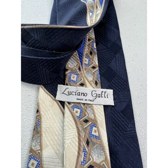 Luciano Gatti Blue and Brown Geometric Pattern 100% Silk Handmade Tie NWOT - Picture 5 of 7